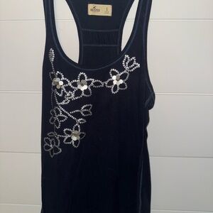Hollister Navy Blue Tank Top with Silver Floral Accents